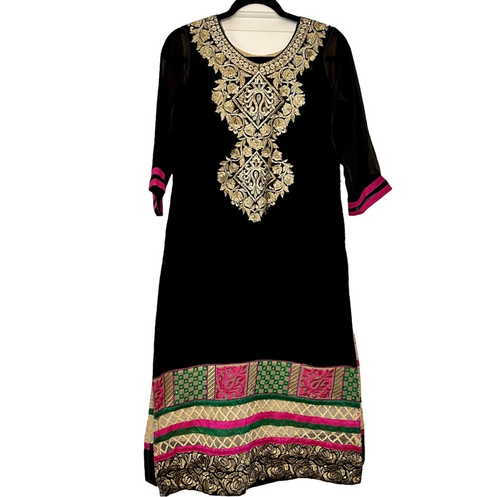 Indian Pakistani Custom Rhinestone Embroidered Kurta Tunic Top Medium Black Gold - Picture 2 of 11